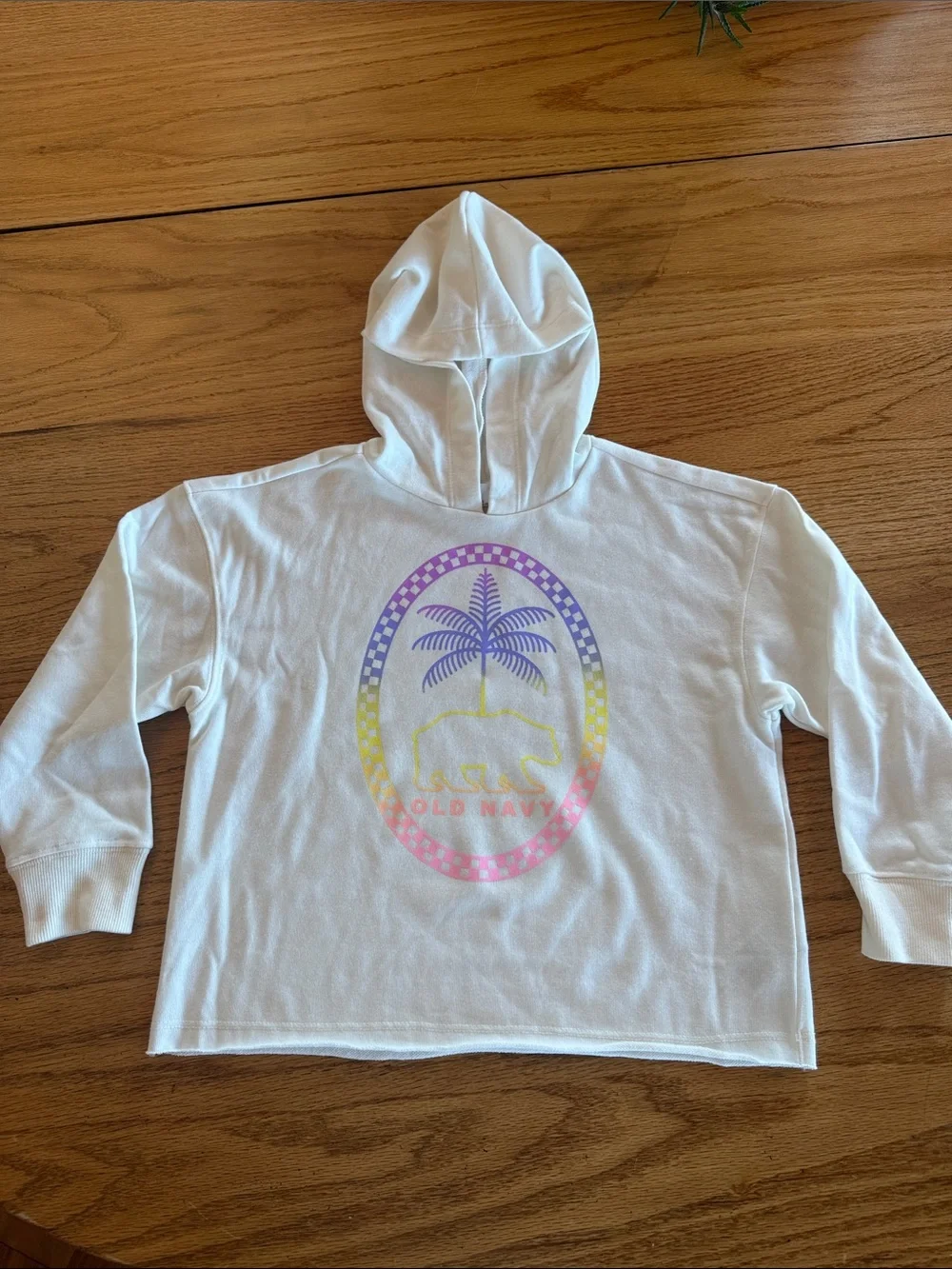 Old Navy White Hoodie with Pastel Palm & Bear Graphic